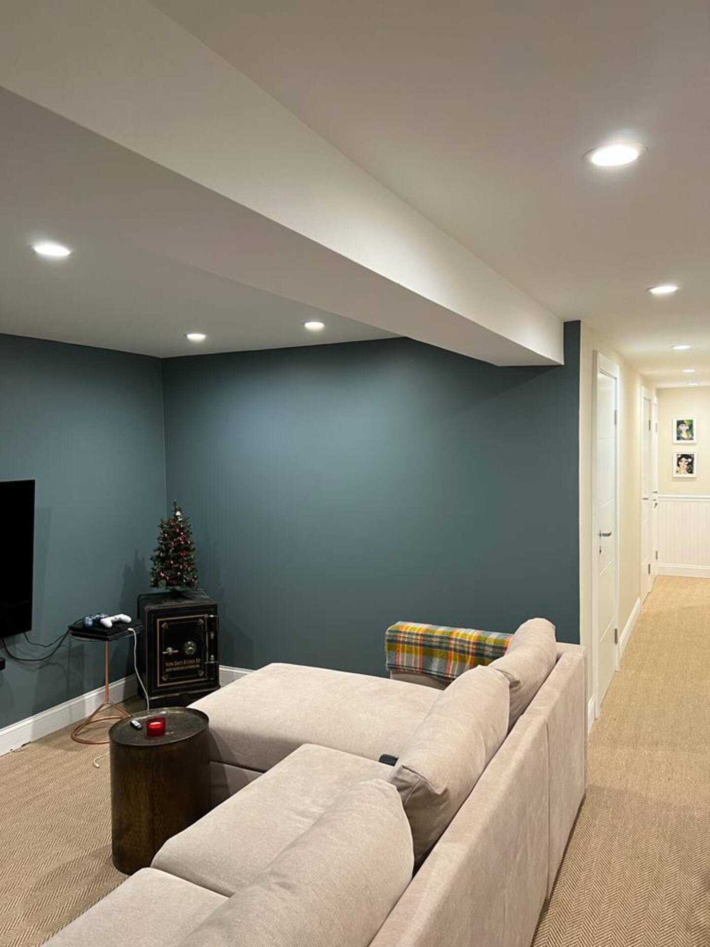 Living area with sofa and teal walls